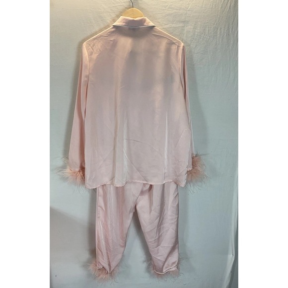 Nadine Merabi Darcie‎ Pink Pajamas size XL fur trimmed satin lounge luxury silk - Picture 3 of 15